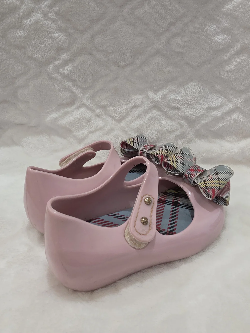 Mini Melissa Kids Sz 6 Toddler. Pre-loved. Pink w/Plaid Bow Mary Jane Flats